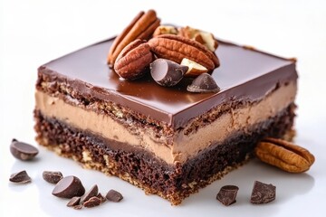 Homemade desserts nut brownie German chocolate cake chocolate peanut cake brownie square on white