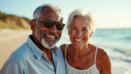 Smiling Senior Couple on Beach Vacation