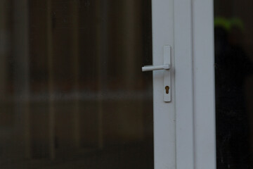 Close-up view of door handle on outdoor entrance door. Functionality and durability, highlighting the blend of practicality and style in urban architecture. 
