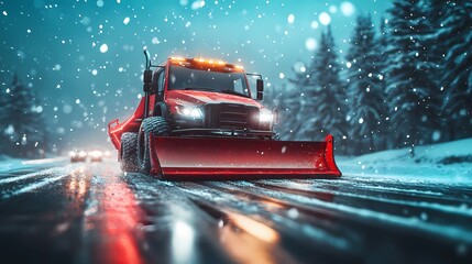 Heavy-duty snowplow clearing highways after a winter storm, ensuring safety, illustrated in a realistic, high-contrast art style
