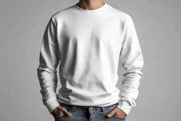 Man wearing plain white long-sleeve sweatshirt.