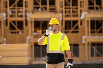 Construction worker having coffee break on construction site. A man builder in a helmet and goggles...
