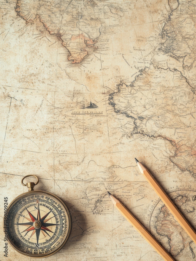 Poster vintage map with compass and pencils inviting exploration and adventure in historical geography. gen