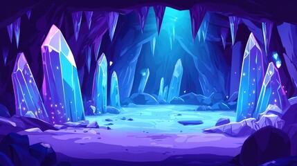 Crystal Cave with Glowing Blue Gemstones