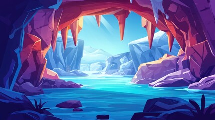 Cave Entrance with a View of a Crystal Clear River in a Snowy Landscape