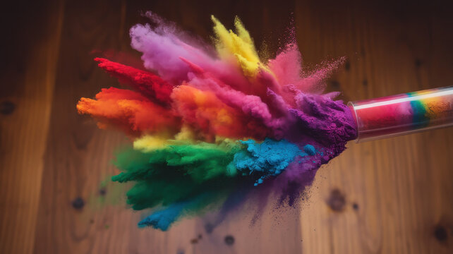 A vibrant explosion of colorful powders bursting from a test tube, capturing the essence of creativity and celebration in a vivid display.