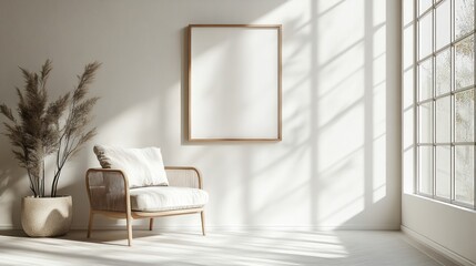 Minimalist room with armchair, pampas grass, and blank canvas.