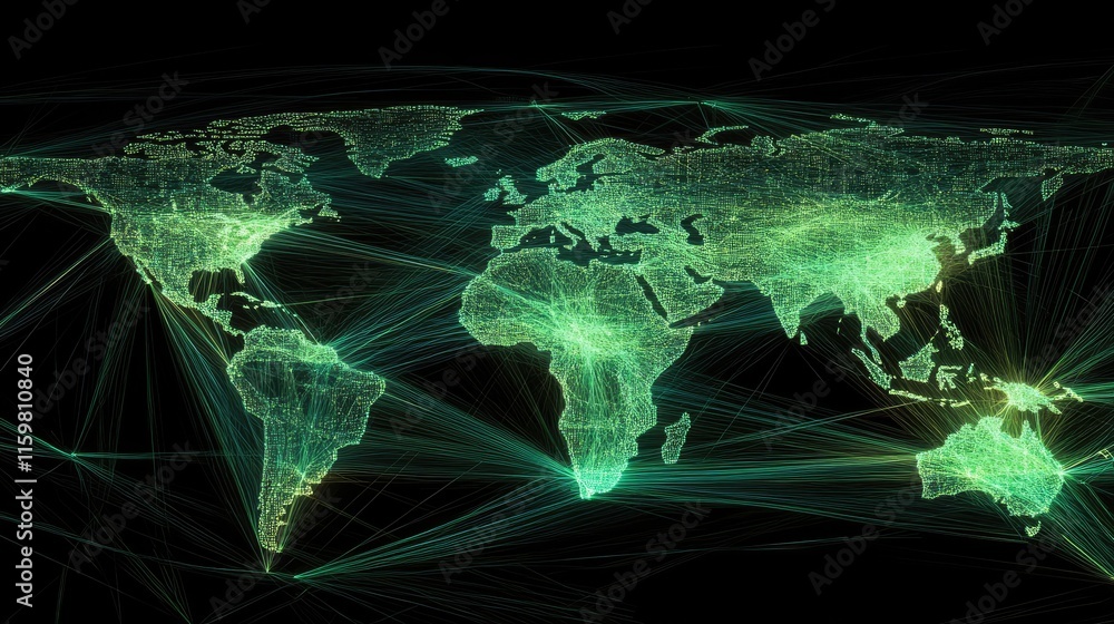 Poster digital world map with connectivity lines and data visualization effects
