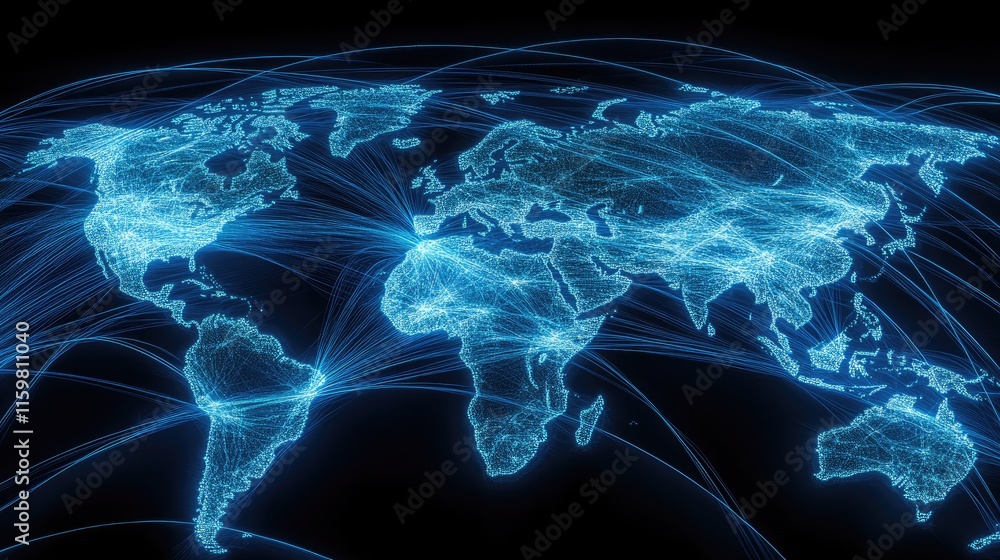 Aufkleber digital world map with connection lines in blue glow effect
