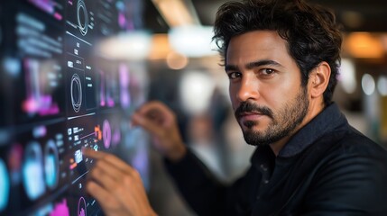 Male Data Analyst Working on Touch Screen in Modern Office