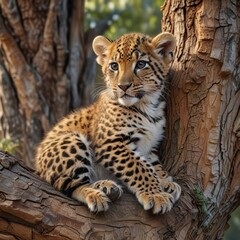 Obraz premium Leopard cub curled up on tree trunk with paw dangling down and fur fluffed, curled position, tree trunk,