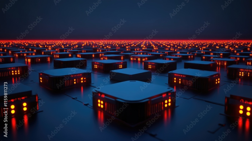 Poster futuristic data center with illuminated servers in dark environment