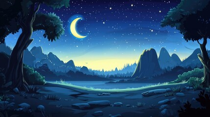 Fototapeta premium Nighttime Landscape with Crescent Moon and Starry Sky Over Mountains and a Lake