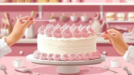 Creative Cake Decorating: Hands Spreading Icing in a Bakery