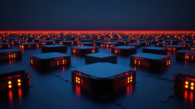Futuristic Data Center with Illuminated Servers in Dark Environment