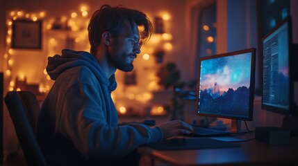 Obraz premium Male Programmer Coding on Laptop in Modern Workspace