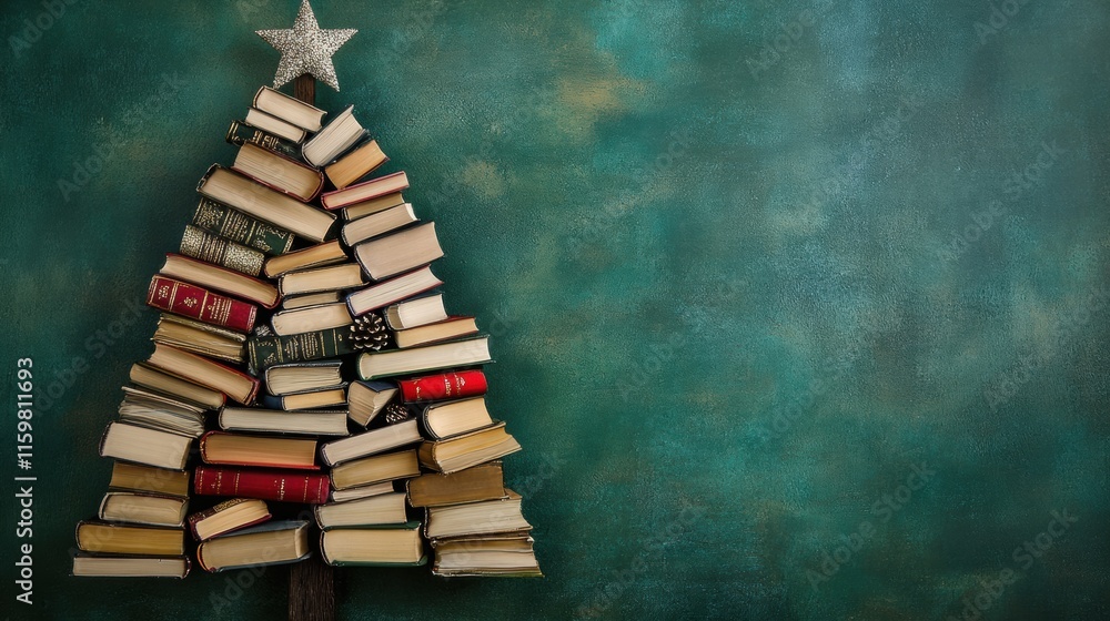 Aufkleber Creative Christmas tree made of stacked books on green background in unique holiday display. Generative AI