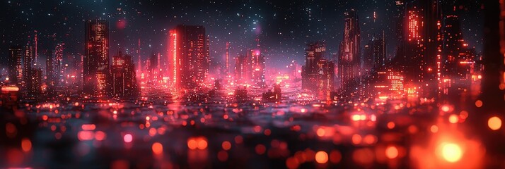 A vibrant, futuristic cityscape illuminated by neon lights and reflections in a wet environment.