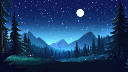 Fototapeta premium Nighttime View of a Forest with a Full Moon and Mountains in the Distance