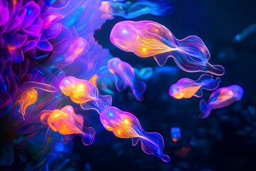Obraz premium Bioluminescent Jellyfish in Futuristic Underwater Structure with Glowing Fish