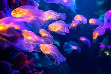 Obraz premium Bioluminescent Jellyfish in Futuristic Underwater Structure with Glowing Fish