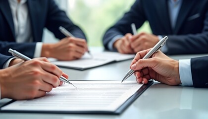 Business people sign contract. Hands hold pens. Documents on table. Serious business meeting. Success in deal. Company growth. Partnership. Investment. Finance. Formal office. Focused, concentrated
