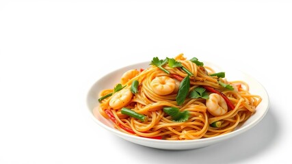 Spicy Thai seafood spaghetti stir-fry dish on white plate with selective focus, shadow, white dish
