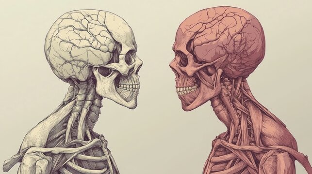 Side profile comparison of human skull and musculature.