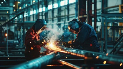 Industrial welders working in a factory.