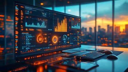 Modern Desk Setup with Computer Showing Dynamic Data Visualizations