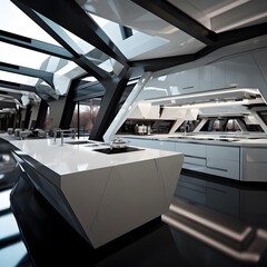 Modern Kitchen Design with Angular White Cabinetry and Black Structural Elements