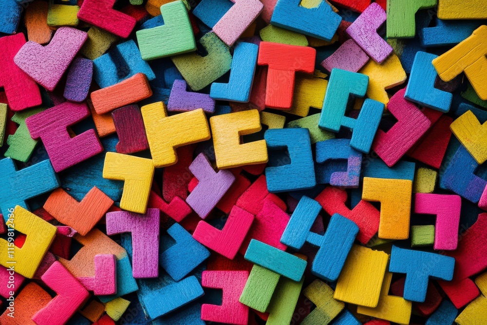 Poster colorful wooden puzzle pieces arranged in a vibrant pattern on a blue surface during daytime fun act