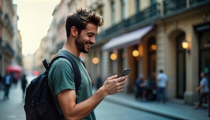 Happy young man uses smartphone outdoors. Smiling, looking at phone. On city street with buildings in background. Wearing backpack. Communicating online. Enjoying modern tech. Urban lifestyle.