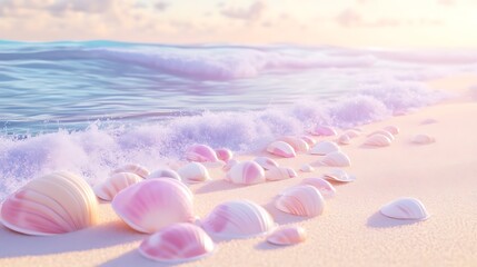 Pink Seashells on a Sandy Beach at Sunset