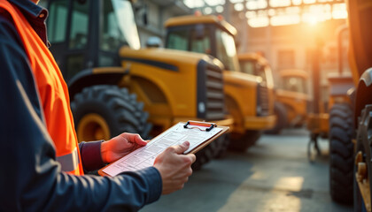 Fototapeta premium Supervisor inspects heavy machinery. Expert in operation checks equipment checklist. Industrial site. Focus on maintenance procedures. Professional assesses safety. Heavy equipment maintenance.