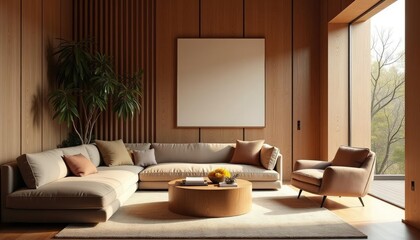  A modern living room features a large window, wooden paneling, a beige sofa, a round wooden coffee table, and a large white canvas on the wall.