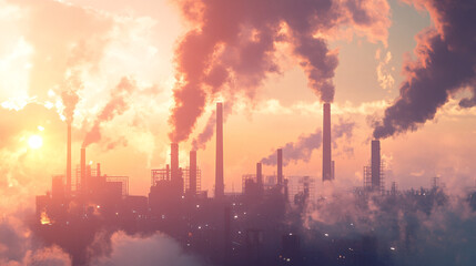 An abstract skyline where smokestacks dominate, with thick smoke morphing into images of endangered species, emphasizing the impact of pollution on wildlife.  