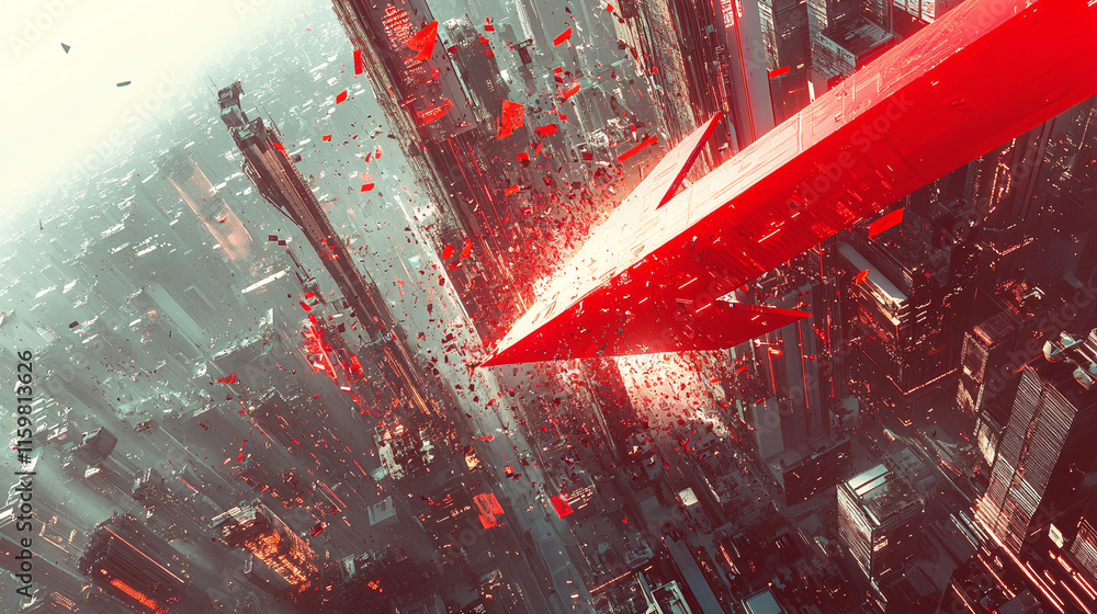 Poster an aerial view of a futuristic city with a giant red arrow crashing, creating ripples through the di