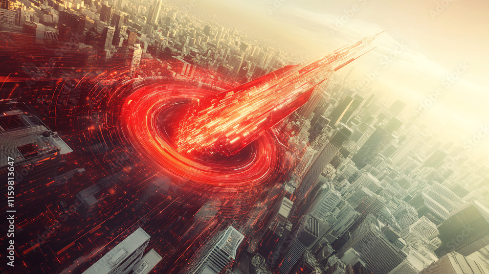 Poster an aerial view of a futuristic city with a giant red arrow crashing, creating ripples through the di