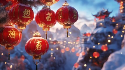 Obraz premium Vibrant Red Lanterns Illuminating a Winter Wonderland Landscape