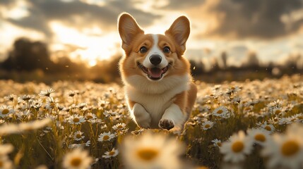 Happy Corgi Dog Leaps Through Daisy Field Sunset