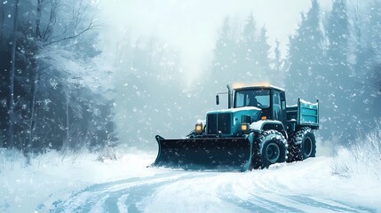 Snowplow machine removing snow on a rural road, providing access after snowfall, illustrated in a soft, painterly art style