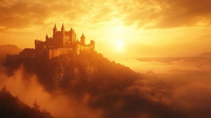 Fototapeta premium A majestic castle atop a mountain, bathed in warm golden light during sunset, surrounded by misty valleys.