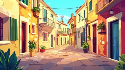 Fototapeta premium A narrow cobblestone street lined with colorful buildings, 2d cartoon for game background and cartoon cover book