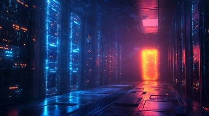 Secure Server Room with Glowing Blue Lights and Cybersecurity Protocols