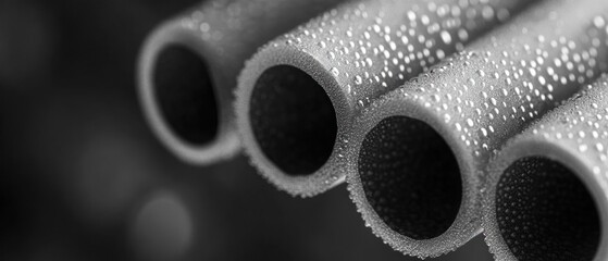 Close-up of dewy cylindrical pipes.