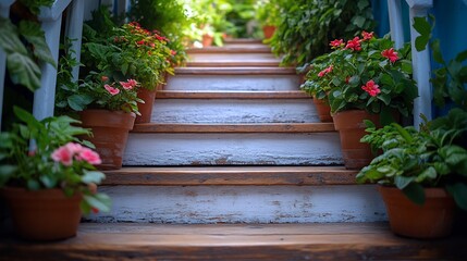 Flower Pots Adorn Rustic Wooden Staircase