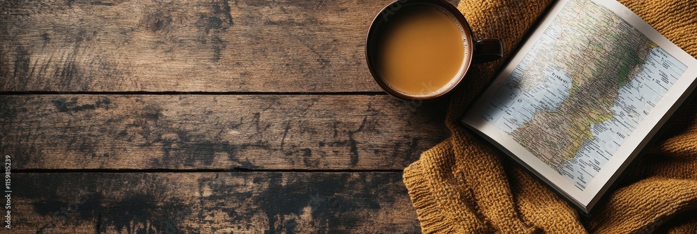 Aufkleber Cozy travel setup with a warm cup of coffee and an open guide on a rustic wooden table. Generative AI