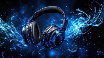 Wireless Headphones with Electric Blue Abstract Background