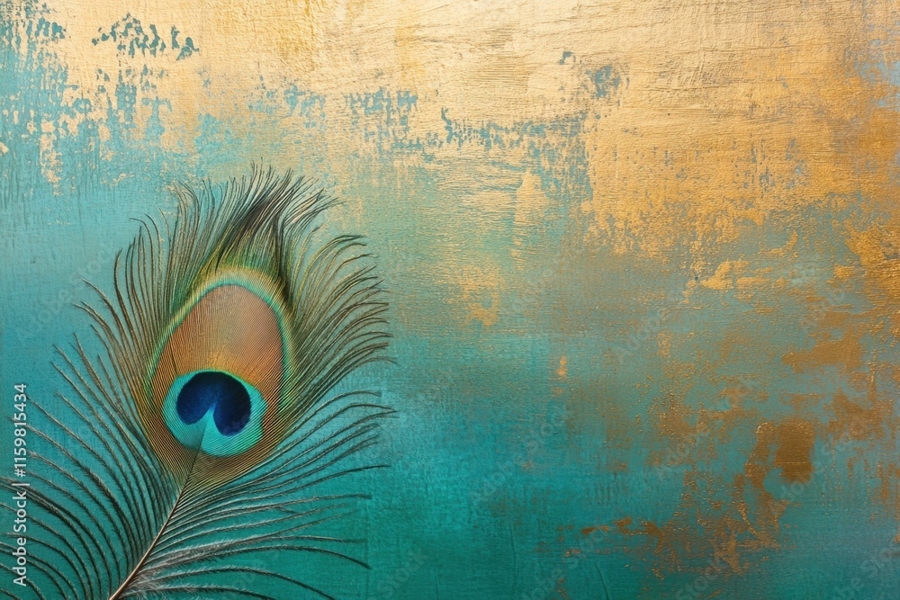 Fototapete close up view of a vibrant peacock feather highlighting intricate textures and colors set against a 